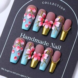 Handmade Floral Nail Set - Pink and Gold